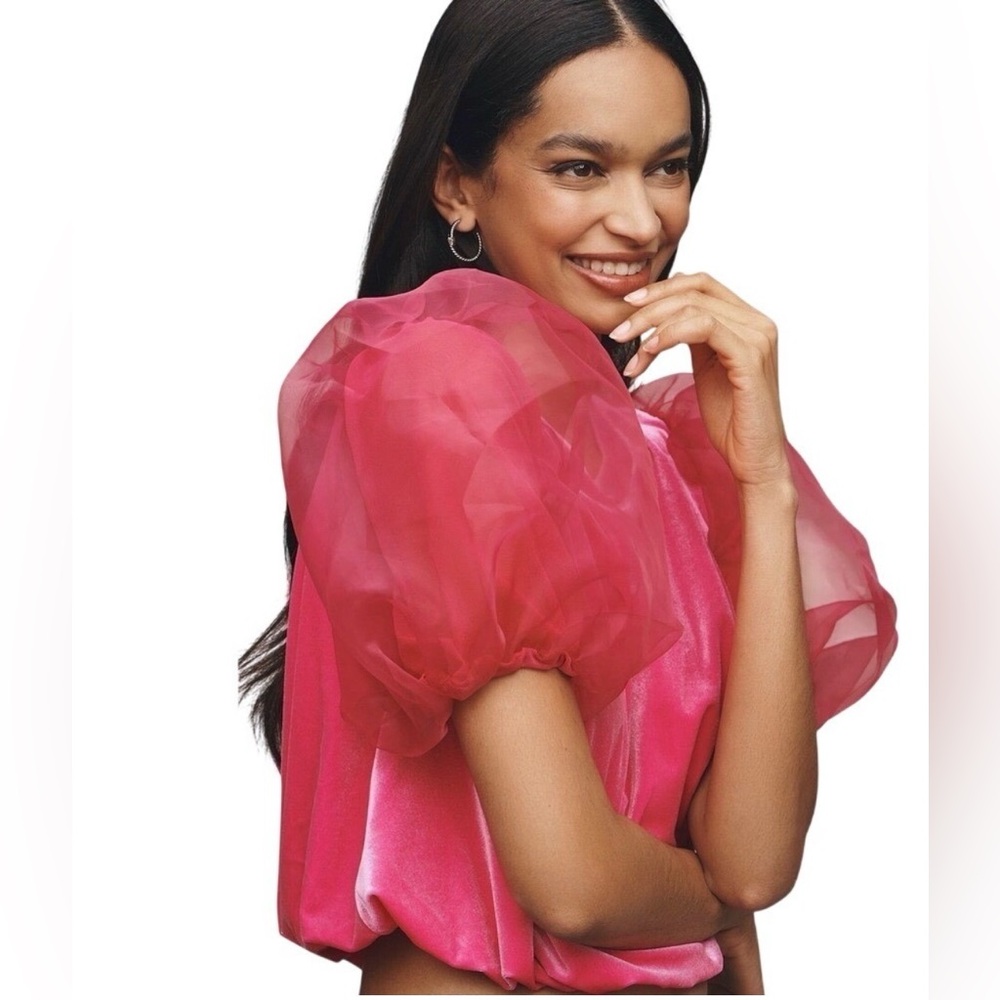 Anthropologie Top NWOT Sz S HOT PINK Puff Sleeve Velvet Crop Top